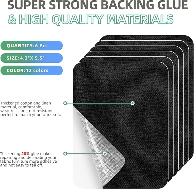 Azobur Coarse Linen Repair Patches, 6 Piece Self-Adhesive Linen Fabric Patches, Multi Color, Can be Used for Linen Sofa Repair and Linen Clothes Repair, Quick Fix Sofa.(Black)
