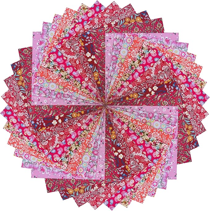 HANPATQUI 50PCS 8 x 8 inch Red Printed 100% Cotton Fat Quarters Fabric for Sewing and Quilting Bundles Precut Fabric Square for DIY Craft Patchwork