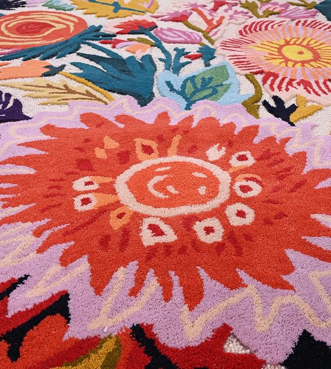 Handmade Wool Floral Area Rug for Living Room | Elegant Flower Garden Design, Soft, Thick and Durable | Bedroom, Dining Room & Home Decor Carpet (8' Round, Floral E)