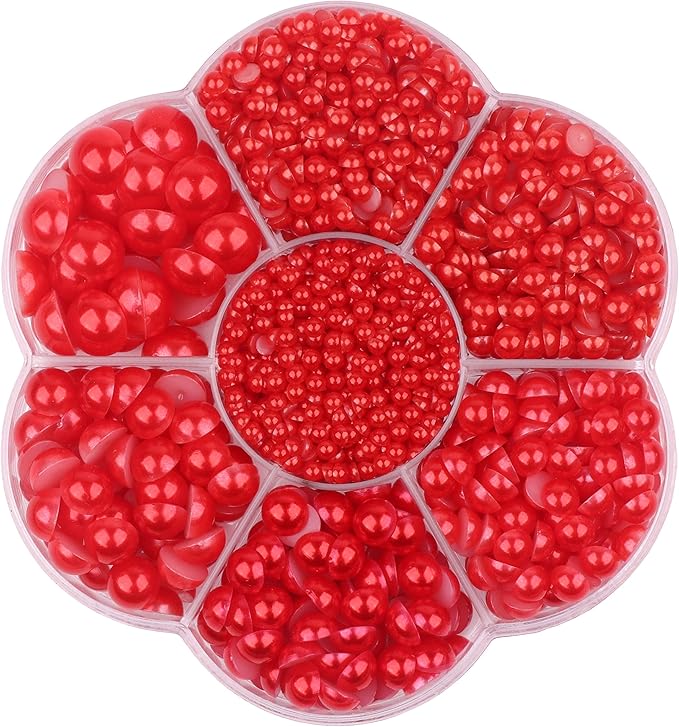 YAKA 3000 PCS 1 Box 7Sizes 2.5/3/4/5/6/8/10mm Flat Back Half Round Pearl Cabochon Bead Loose Beads Gem for Nail Craft Scrapbook DIY Decoration (Red)