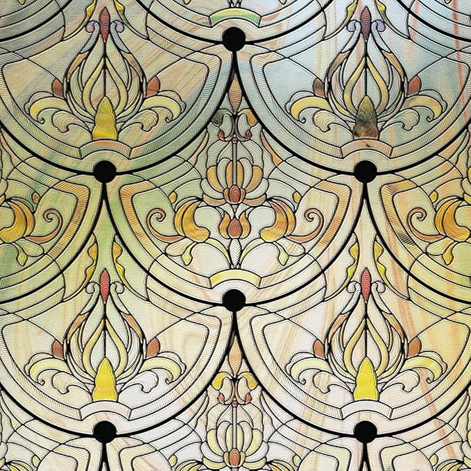 3D Stained Glass Window Film, Decorative Window Privacy Film for Bathroom,Front Door,Home, Sun Blocking Heat Control,Static Cling, Removable Non-Adhesive Golden Ironwork 23.6inch x 35.4inch