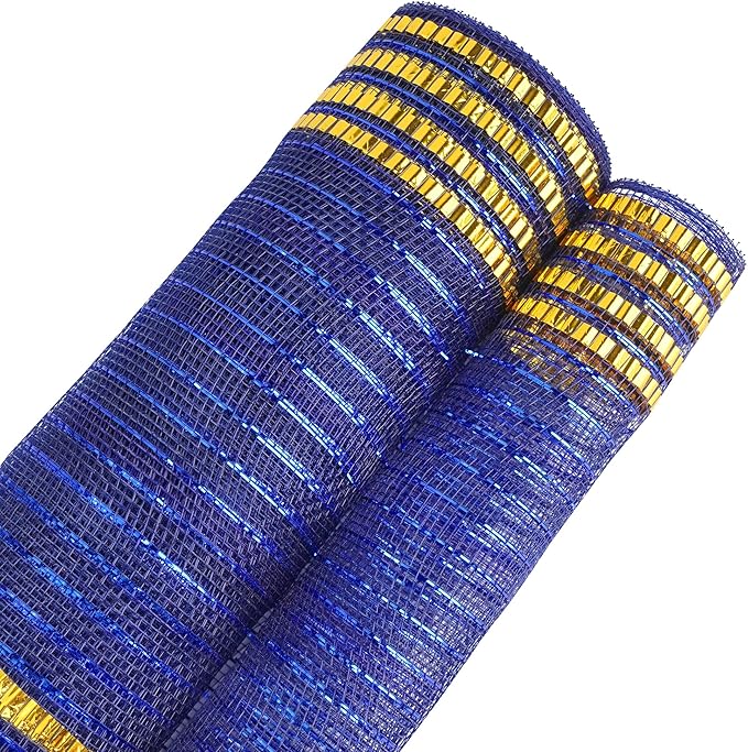 MEEDEE Navy Deco Mesh 10 Inch Deluxe Wide Foil Gold Border Mesh Metallic Mesh Fabric Navy Blue & Gold Mesh Ribbon for Christmas Tree, Wreaths, Garland, Gift Wrapping, Bows Making (30 Feet)