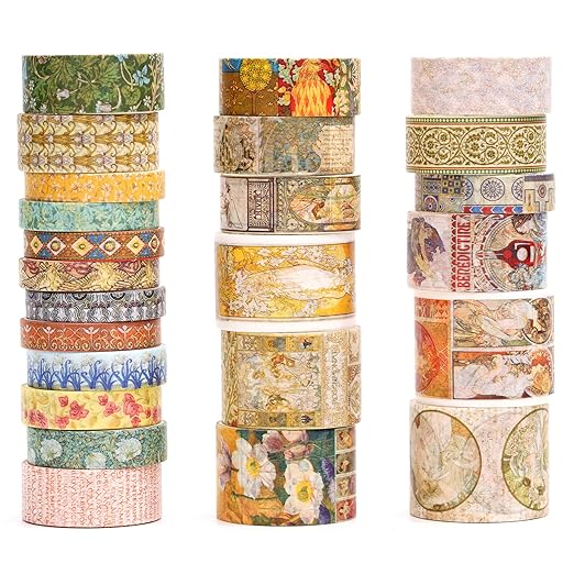 Vintage Washi Tape Set - 24 Rolls Arts Adhesive Tapes Assorted Retro Decorative Masking Tape Sets for Craft, Kids, Scrapbook, DIY, Gift Wrapping (1-Renaissance Dreams)