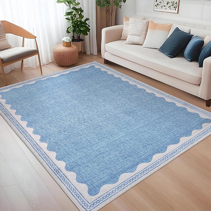 Scalloped Rug 4x6 Rugs for Entryway, Small Area Rugs Solid Blue Rug for Bedroom Girls, 4x6 Washable Rugs for Living Room, Non Slip Scalloped Bath Mat, Soft Dorm Nursery Carpet for Bedside