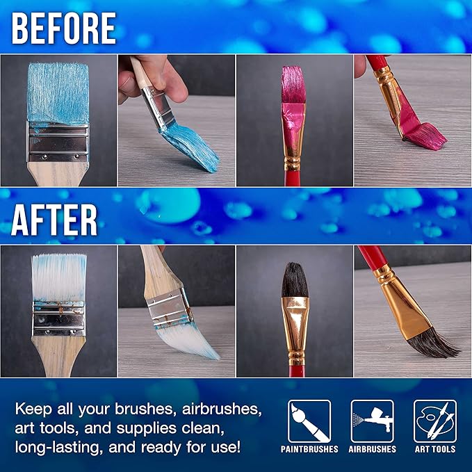 U.S. Art Supply Brush Cleaner and Restorer, 16 Ounce Bottle - Quickly Cleans Paint Brushes, Airbrushes, Art Tools - Cleaning Solution to Remove Dried On Acrylic, Oil and Water-Based Paint Colors