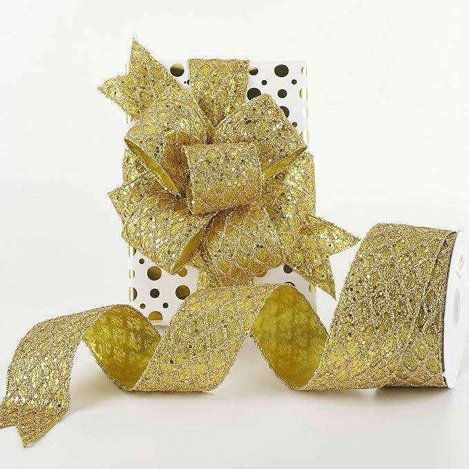 HUIHUANG Gold Glitter Wired Ribbon for Christmas Tree 2.5 inch Gold Diamond Mesh Ribbon for Tree Decoration, Wreaths, Garland, Gift Wrapping, Large Bows Making, Home Decor -10 Yards