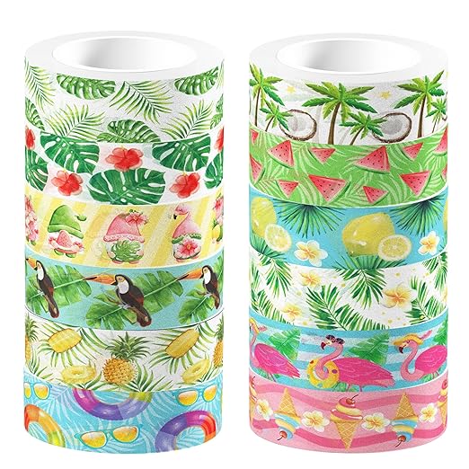 Summer Washi Tape 12 Rolls Aloha Masking Tape Hawaiian Theme Decorative Paper Stickers Flamingo Lemon Watermelon Tape Sticker,for DIY Crafts and Scrapbooking