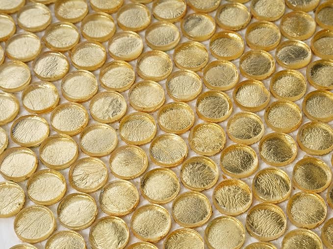 1.03 sq ft/Piece Pack of 1,Glossy Gold Glass Penny Round Mosaic Tiles – 12.2" x 12.2" Mesh-Mounted Sheets, Not Peel & Stick - Kitchen Backsplash, Shower Wall, Bathroom, Fireplace, Interior Decor