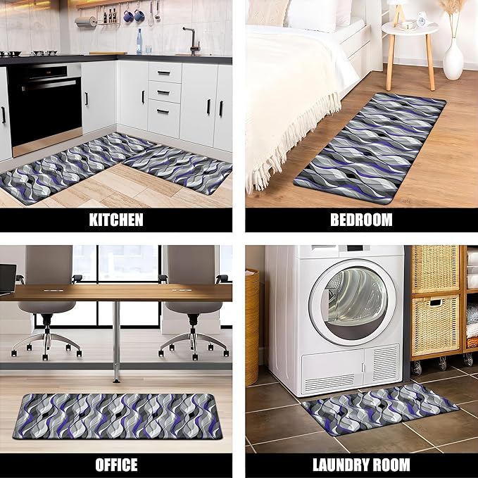 Kitchen Mats for Floor Modern Abstract kitchen rugs Grey and Purple Stripe Anti Fatigue Kitchen Mats Waterproof Floor Mats Cushioned Non-Skid Standing Mats for Kitchen, Set of 2,17.3 x 28+17.3 x 47