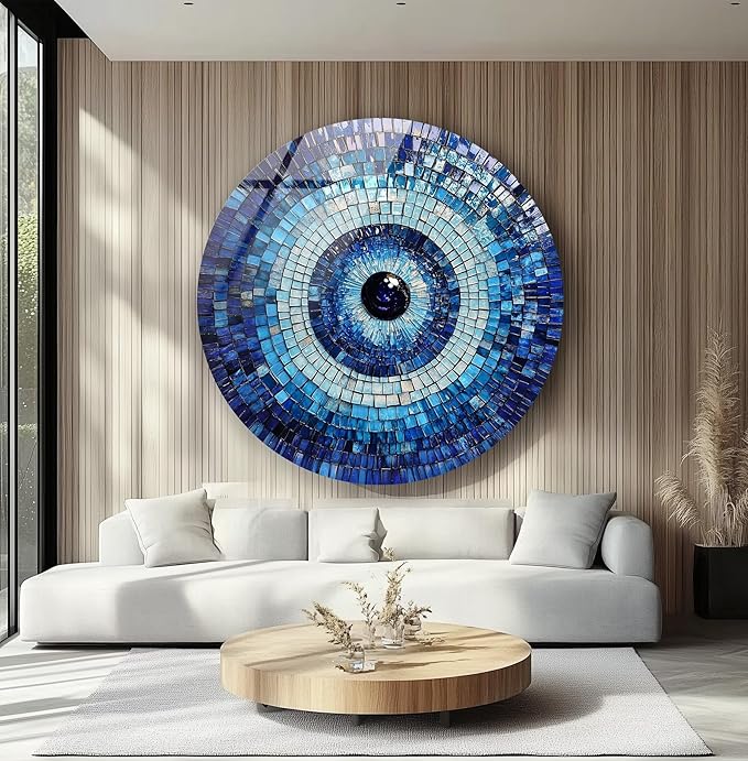 My Photostation.com 15.8''(40cm) Diameter Blue Mosaic Evil Eye Round Glass Wall Art Tempered Glass Printing Wall Decor Large Wall Art Wall Hangings