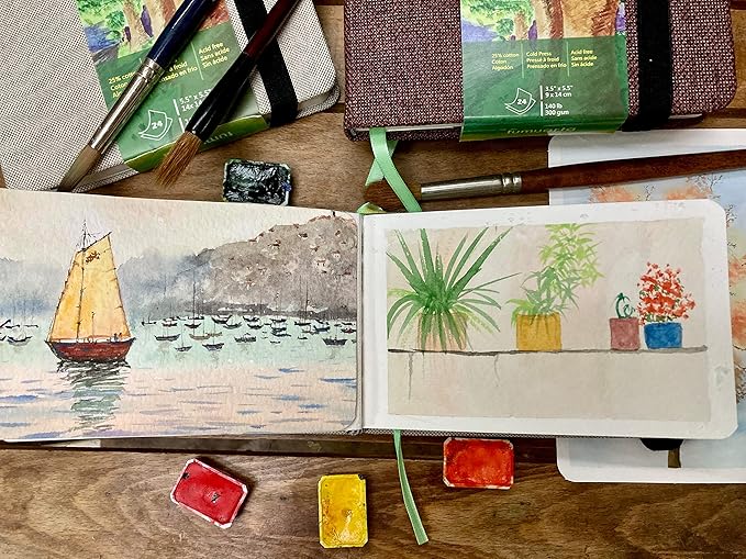 tumuarta Square Watercolor Journal, 5.5x5.5”, 140 LB, 300 GSM, Cotton Paper, Cold Press, 24 Sheets, 48 Pages, Watercolor Paper SketchBooks for Use As Mix Media Pad On The Go
