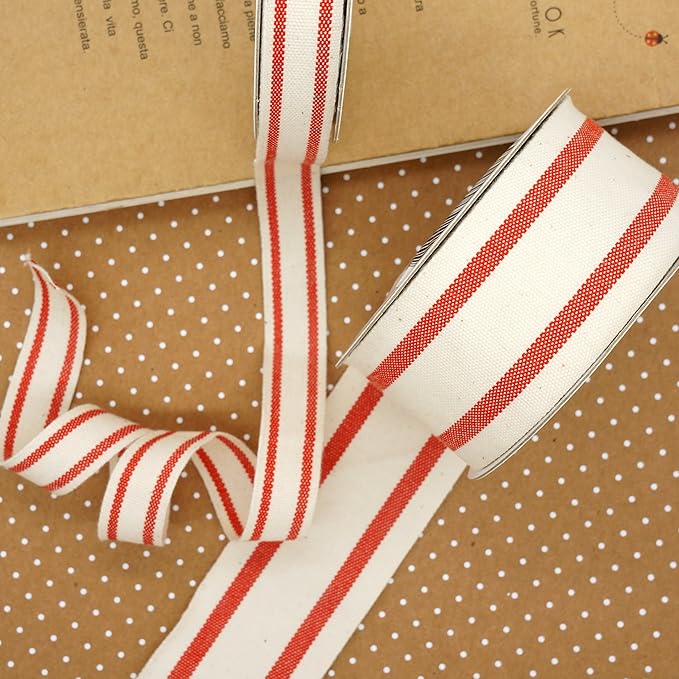 CT CRAFT LLC Ivory Cotton Red Stripes Ribbon 1.5" x 10 Yards for Home Décor Gift Present Wrapping DIY Crafts Birthday Wedding Bouquet Christmas