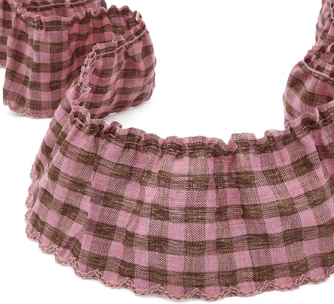 Gingham Ruffle Lace Trim Pleated Lace 5 Yards Gathered Gingham Fabric Edge Ribbon Trim for Dresses, Wedding Gowns, Crafts, Home Decor (Pink)