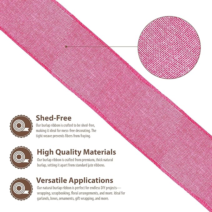 Mandala Crafts Hot Pink Burlap Ribbon 2.5 Inches Wide Jute Ribbons for Crafts - 20 Yds Roll Rustic Burlap Wrap Trim Ribbons for Wreaths Bows Wedding Party Decoration