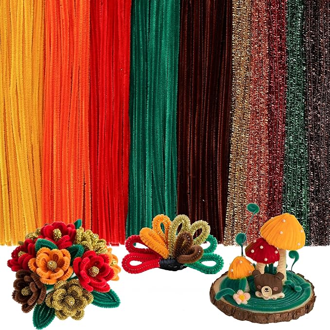 Caydo 500 Pieces Autumn Color Pipe Cleaners, Thanksgiving Day Orange Brown Chenille Stems, Pipe Cleaner Crafts for DIY Art and Craft Projects Creative Gift Party Decorations