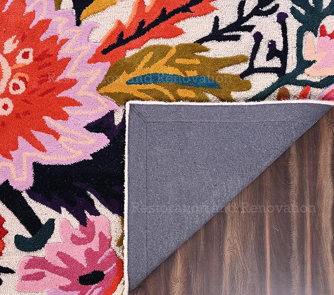 Handmade Wool Floral Area Rug for Living Room | Elegant Flower Garden Design, Soft, Thick and Durable | Bedroom, Dining Room & Home Decor Carpet (8' x 10', Floral E)