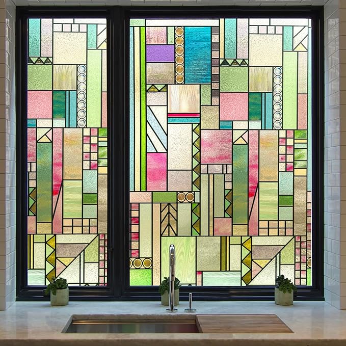 3D Stained Glass Window Privacy Film, Heat Control UV Blocking Static Cling Decorative Window Film for Bathroom,Front Door,Home Non Adhesive,Colorblock 16.9 x 78.7 inches