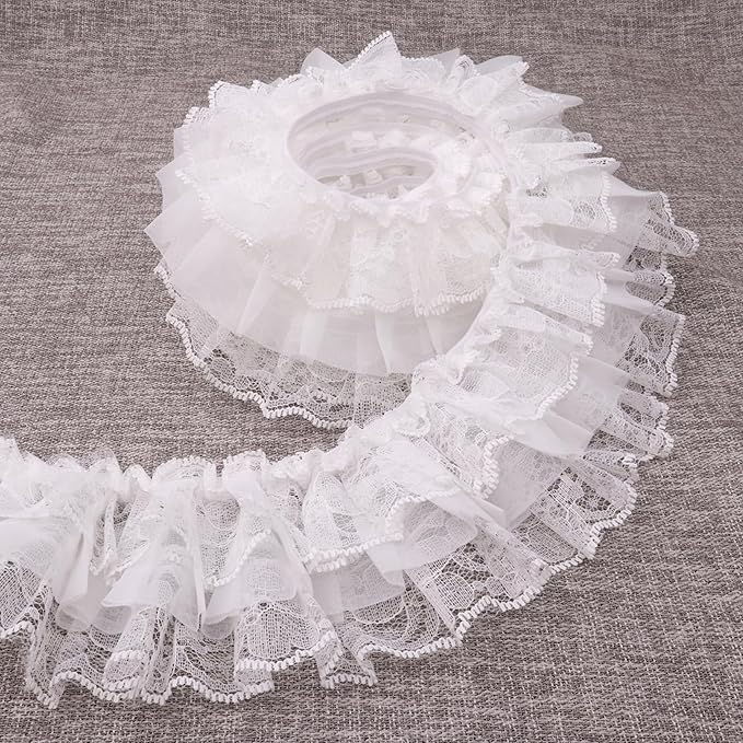 White Ruffle Lace Trim Elastic Trim for Bridal Wedding Decoration Sewing and Crafts (AIETSYEI)