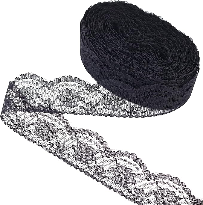 Black Lace Trim Sewing Lace Ribbon for Crafts Bridal Wedding Decoration, Bouquet and Gift Packaging (1.5Inch, 22Yards)