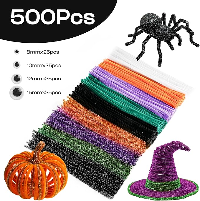 Caydo 500 Pieces Halloween Pipe Cleaners with 100pcs Eyes, Chenille Stems, Pipe Cleaner Crafts for DIY Art and Craft Projects Creative Gift Party Decorations