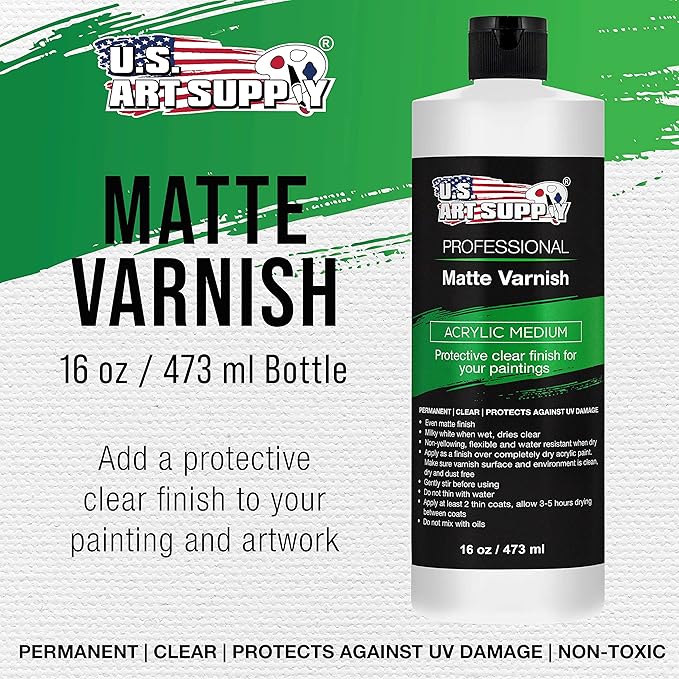 U.S. Art Supply 16 oz Matte Acrylic Varnish for Acrylic Painting, Permanent Clear Protection, Reduces UV & Photography Glare