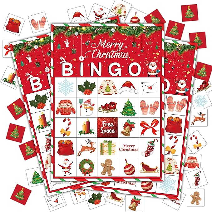 Christmas Bingo Game, Christmas Bingo Games for Family, Xmas Party Games Cards, Winter Party Favors Supplies Decorations, 24 Players Game (A07)