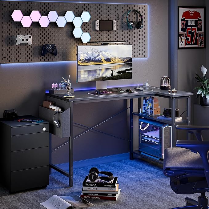 TIQLAB Small L Shaped Computer Gaming Corner Desk with Power Outlets, Reversible Shelves for Study, Writing Table for Home, Office, Bedroom, Living Room, 40 inches, Black