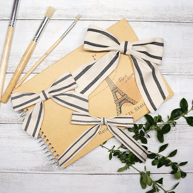 CT CRAFT LLC Ivory Cotton Black Stripes Ribbon 1" x 10 Yards for Home Décor Gift Present Wrapping DIY Crafts Birthday Wedding Bouquet Christmas