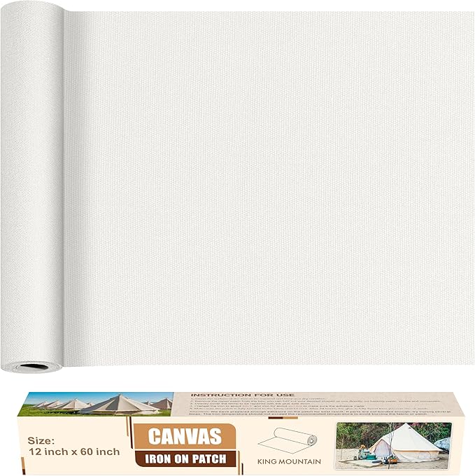 KING MOUNTAIN Canvas Iron on Patch,12"×60",Waterproof 100% Cotton Fabric Repair Patch,Used for Various Sofa,Tent,Clothes,Seats,Suitcases (White,Waterproof)