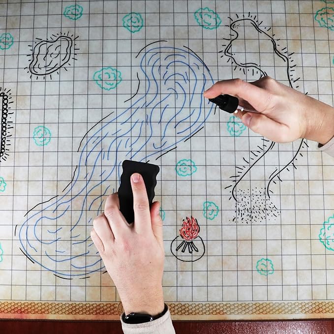 ENHANCE Deluxe RPG Grid Mat - DND Map (24x36in) with Premium Rubber, Non-Slip Grip, No Creasing - Dry Erase DND Mat Set for Masters and Starters, Erasable Parchment with Travel Pouch, Marker Set
