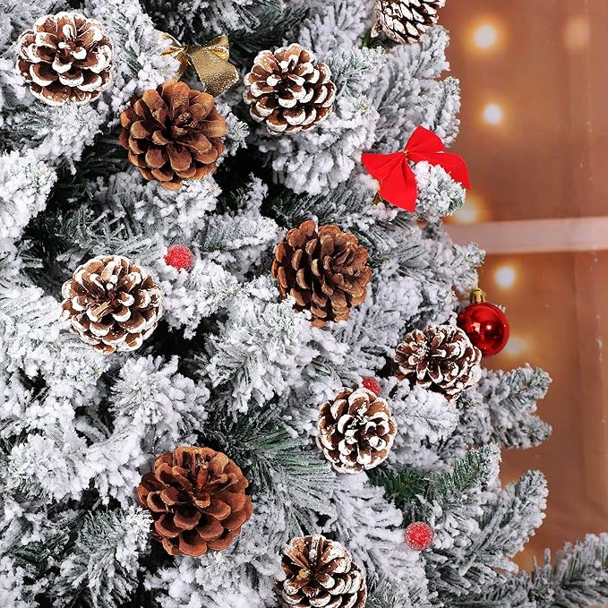 Fovths 24 Pieces Christmas Pine Cones Pick Pinecones Ornament Christmas Tree Decoration 2.4-3.1 Inches Pine Cones for Home Party Christmas Crafts (White, Natural)