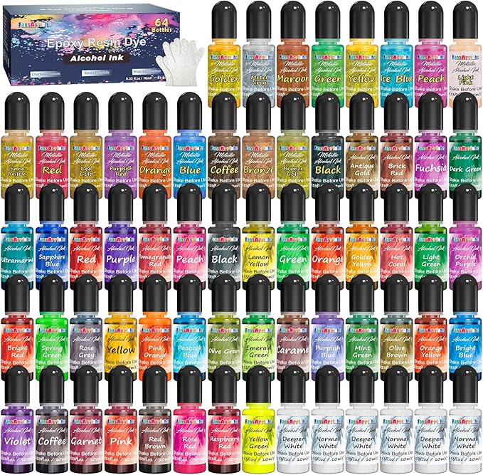 FansArriche Alcohol Inks for Resin, 64 Colors High Concentrated Alcohol Ink Set for Epoxy Resin, Alcohol-Based Resin Ink for Coasters, Fluid Painting Crafts, Tumbler Making, 10 ml Each