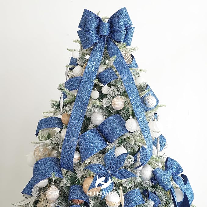 HUIHUANG Navy Blue Wired Christmas Ribbon 4 inch Navy Glitter Wired Ribbon Diamond Mesh Wire Ribbon for X-mas Tree Decorations, Wreaths, Garland, Large Bows Making, Home Decor -10 Yards