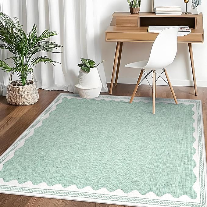 Scalloped Rug 4x6 Rugs for Entryway, Small Area Rugs Solid Green Rug for Bedroom Girls, 4x6 Washable Rugs for Living Room, Non Slip Scalloped Bath Mat, Soft Dorm Nursery Carpet for Bedside