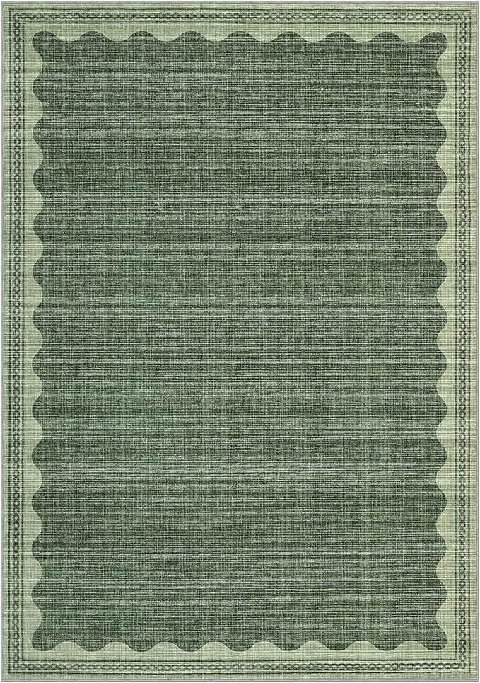 Scalloped Washable Rug 5x7 Area Rugs for Living Room, Solid Green Rug for Bedroom Girls, Non Slip Scalloped Throw Mat with Rubber Back, Soft Dorm Nursery Low Pile Carpet for Dining Room