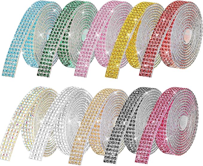 Rhinestone Ribbon Self Adhesive, 10-Rolls Bedazzling Strips, 10-Yard Rhinestone Strips for DIY Craft, Rhinestones for Crafting, 10 Colors