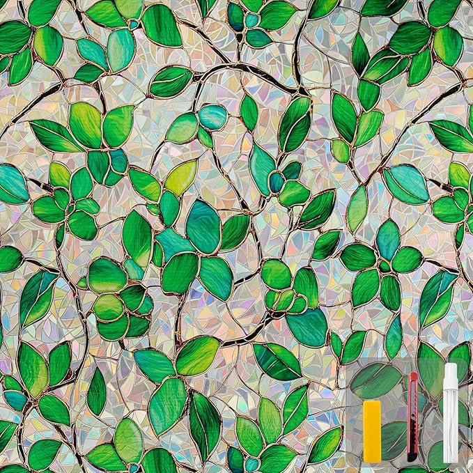 Window Privacy Film Stain Glass Window Film Rainbow Window Film Window clings Non-Adhesive Reusable Decorative for Room (Greenery Leaf, 35.4 x 157.4 in)