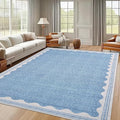 Scalloped Washable Rug 9x12 Area Rugs for Living Room, Solid Blue Rug for Bedroom Girls, Non Slip Throw Mat with Rubber Back, Soft Dorm Nursery 9x12 Carpet for Dining Room