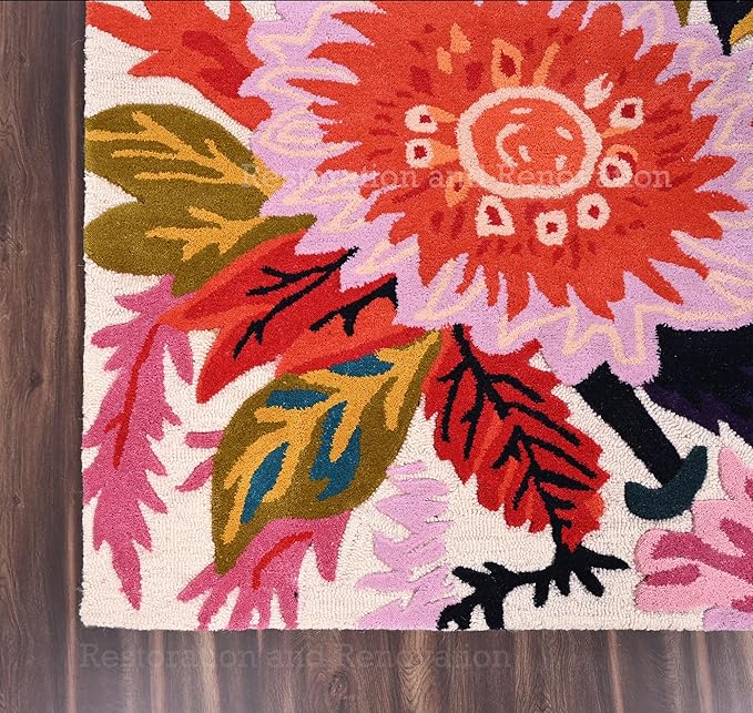 Handmade Wool Floral Area Rug for Living Room | Elegant Flower Garden Design, Soft, Thick and Durable | Bedroom, Dining Room & Home Decor Carpet (3' x 5', Floral E)
