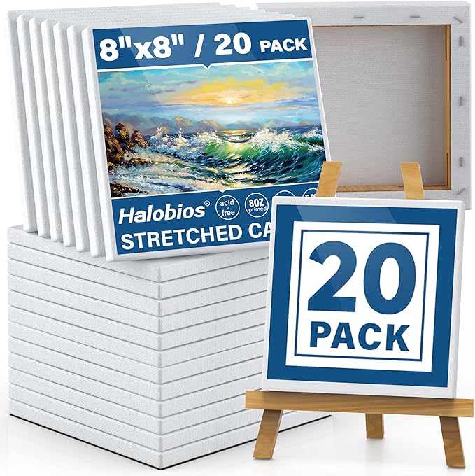 Professional Stretched Canvas Art Supplies, Acrylic, Oil, Watercolor, 20-Pack, 8x8 Inch, 5/8 Inch Profile, Cotton Canvas