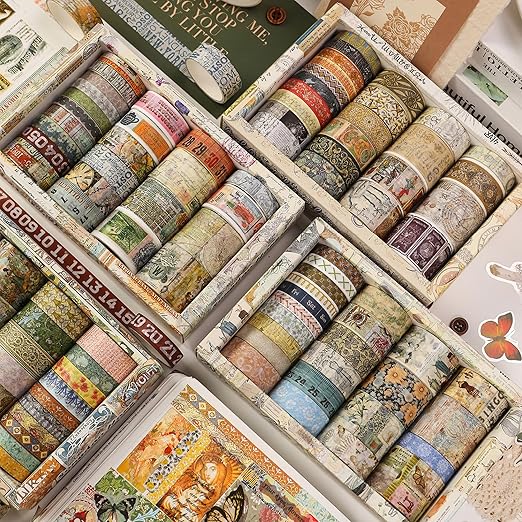 Vintage Washi Tape Set - 24 Rolls Arts Adhesive Tapes Assorted Retro Decorative Masking Tape Sets for Craft, Kids, Scrapbook, DIY, Gift Wrapping (9-Monochrome Mood)