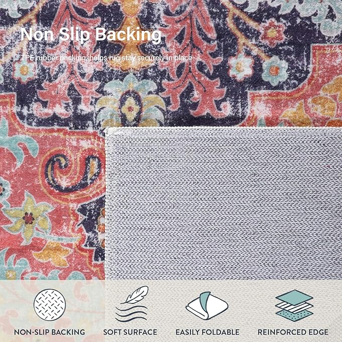 Lahome 6x9 Area Rugs Machine Washable Area Rugs for Living Room,Non Slip Bedroom Rug,Dining Room Rugs for Under Table,Large Bohemian Vintage Non Skid Indoor Carpet for Home Office(6x9ft,Fuchsia)