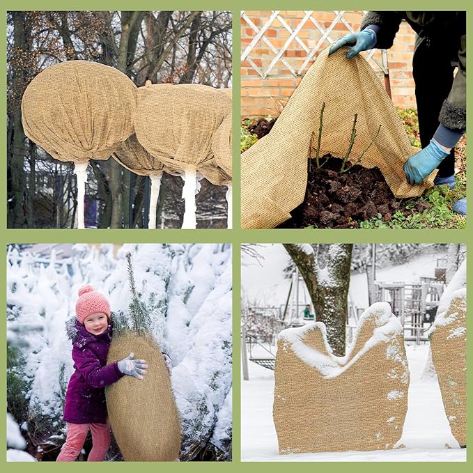 Buryeah 60 Inch x 100 ft Burlap Fabrics Roll Natural Jute Burlap Tree Wraps Protector Winter Frost Plant Blankets Cloth Weed Barrier Fabric Garden Plants for Winter Outdoor Trees Shrubs Party