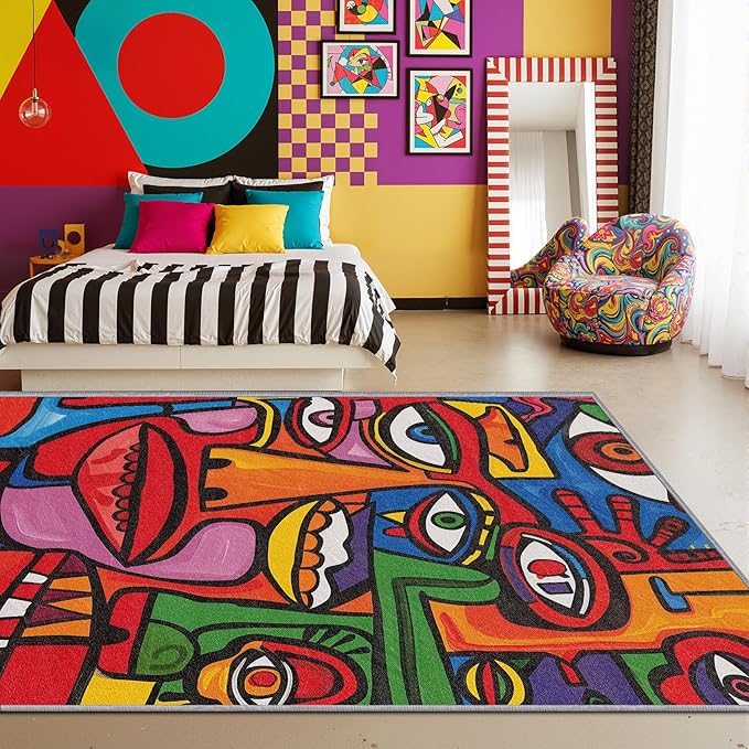 Abstract Rugs for Bedroom - 6x8 Rug - Abstract Rug - Colorful Graffiti Area Rug - Modern Geometric Pop Art Rugs - Multicolor Artistic Carpet - Home Decor