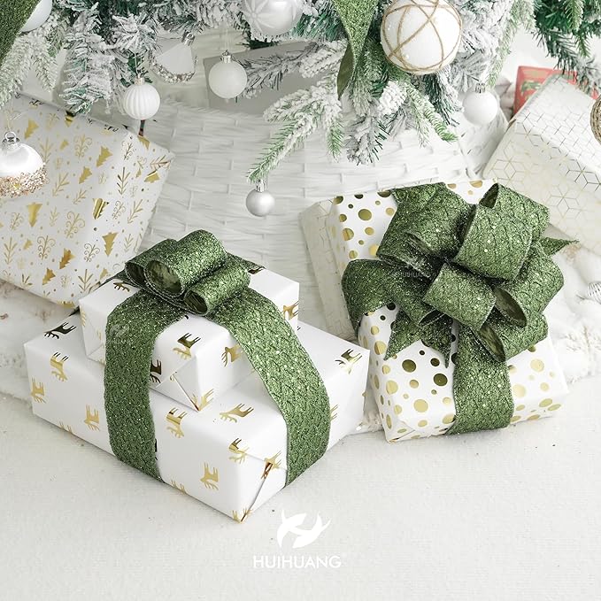 HUIHUANG Moss Green Wired Ribbon for Christmas Tree 2.5 inch Glitter Moss Diamond Mesh Ribbon for Tree Decoration, Wreaths, Garland, Gift Wrapping, Bows Making, Thanksgiving Decor -10 Yards