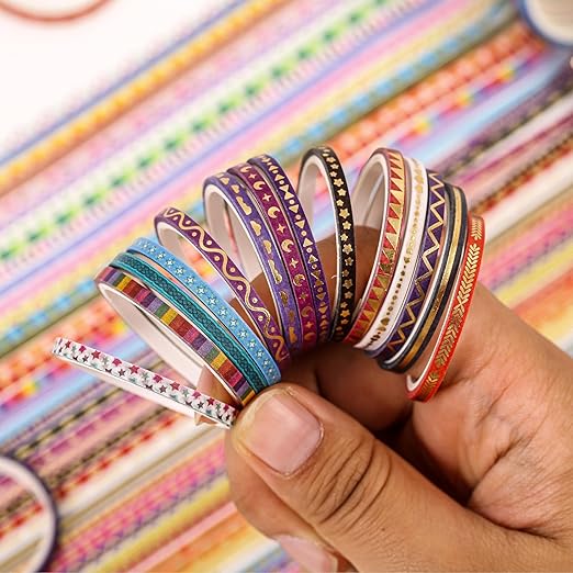emmoolife 50 Rolls Skinny Washi Tape Set 3mm Wide, Gold Foil Print Masking Thin Basic Patterns Decorative Tapes for Scrapbooking, Junk Journal Supplies, Bullet Journaling, Craft Tape for Women Girl