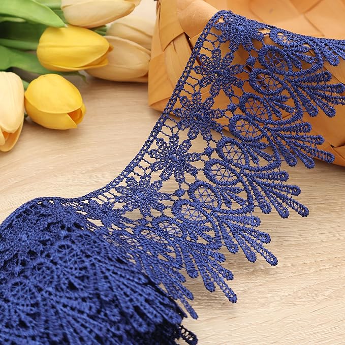 GXTIZAS Navy Blue Lace Trim 5 Yards Wide Venise Lace Ribbon Embroidered Edge Trim for Sewing Crafts Pillow Case