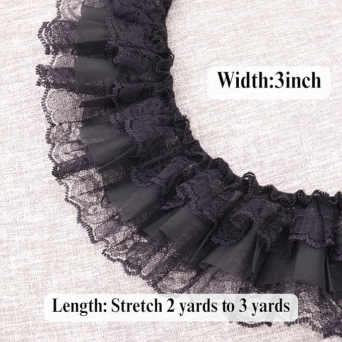 Black Elastic Trim Ruffle Lace Trim for Bridal Wedding Decoration Sewing and Crafts (AIETSYEI)