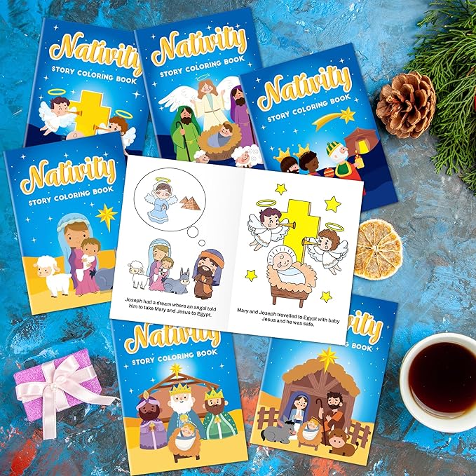 JAPBOR Christmas Nativity Coloring Books - 24PCS Mini Xmas Christian Story Color Book Bulk for Kids Party Favors, Religious Bible Small Colour Pages for School Classroom Church Drawing Painting Games