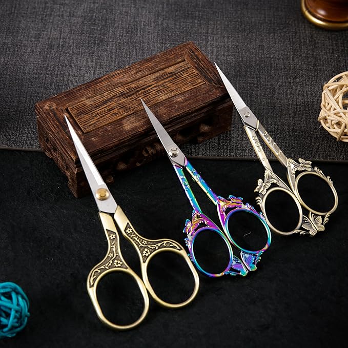 Artistic Vintage Craft Scissors Small 4.6 Inch Sharp Sewing & Embroidery Tool - Engraved Bronze Butterfly Handle, Silver Blade, Pink Polka Dot Case for Crochet, Fabric, Paper, DIY Crafts